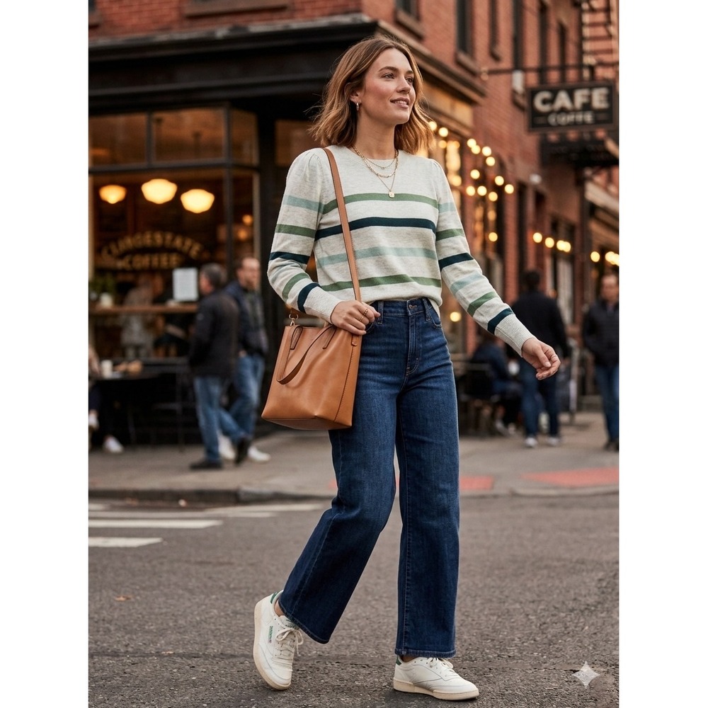 LOFT Gray Striped‎ Puff Shoulder Knit Sweater Green Blue Large